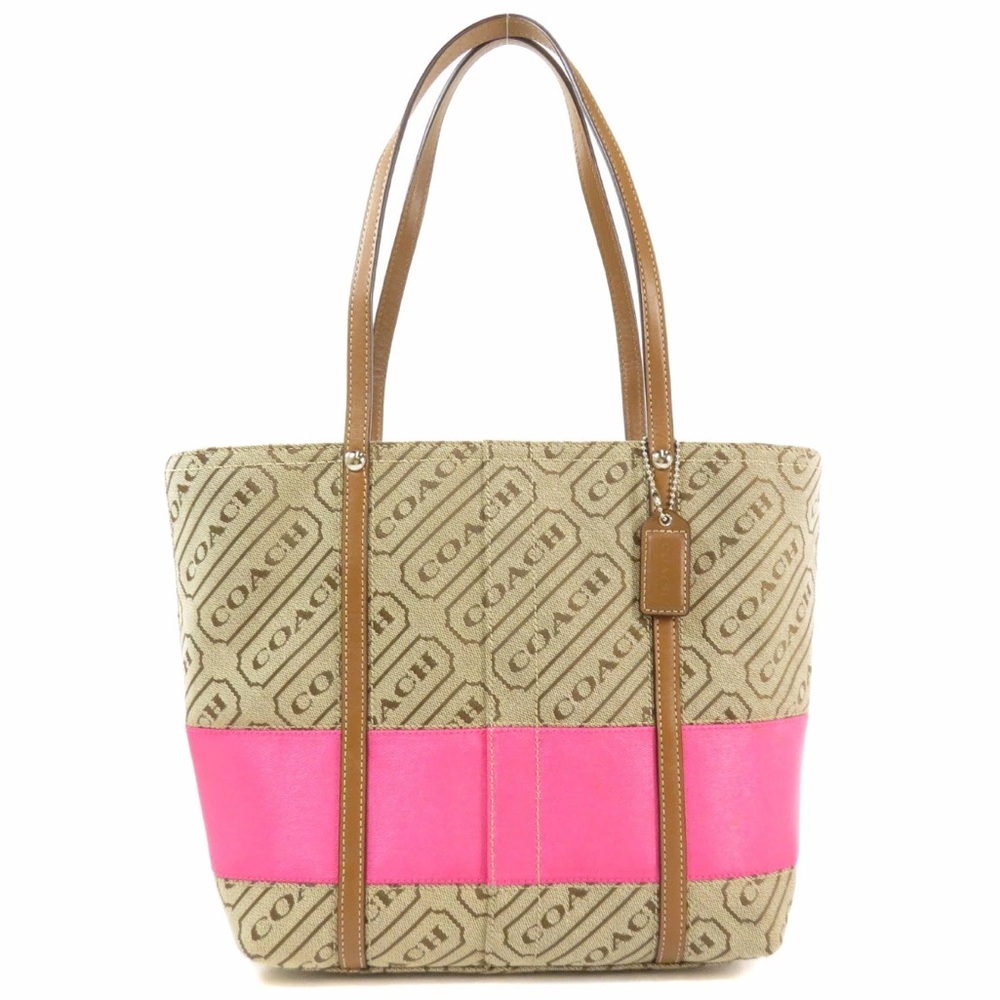 Coach Signature Lozenge print khaki/punch pink tote purse